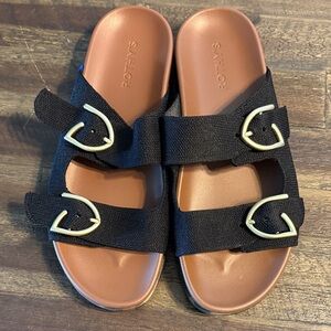 Rothy's Black and Brown Sandals with Heart Buckles
